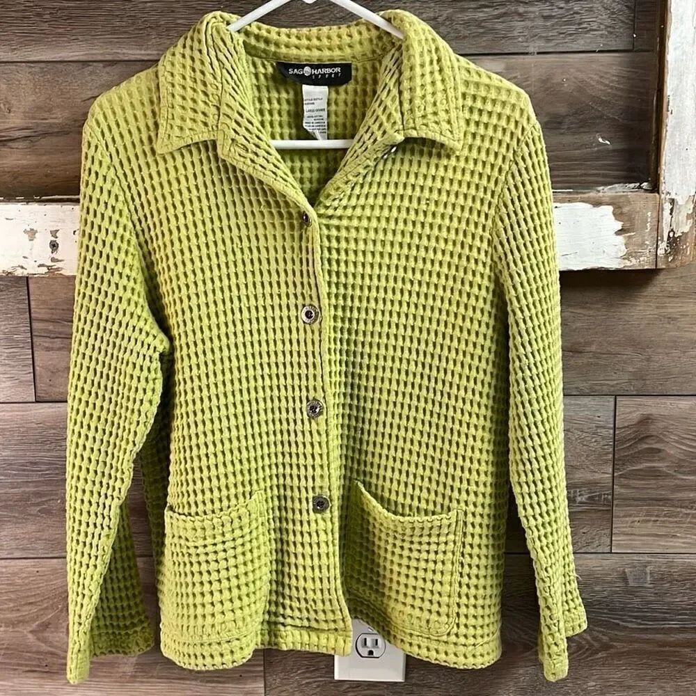 SAG HARBOR SPORT Women’s Waffle Weave Button Up Cardigan Jacket Green Size Large